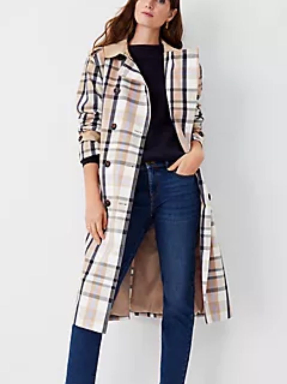 Ann Taylor Petite Plaid Double Breasted Trench Coat Beige Blue Navy Size MP